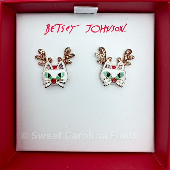 Betsey Johnson Jewelry - Betsey Johnson Christmas Cat Reindeer Earrings Teacher Gift White Enamel NEW